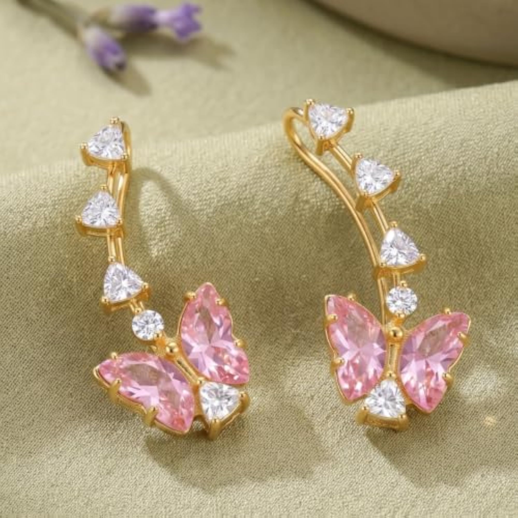 Plated Pink Butterfly Ear Cuffs & Crystal Ear Climbers